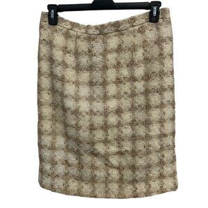 Plaid Tweed Skirt Beige Gold Flat Front Shimmer Metallic Career Academia Chic
